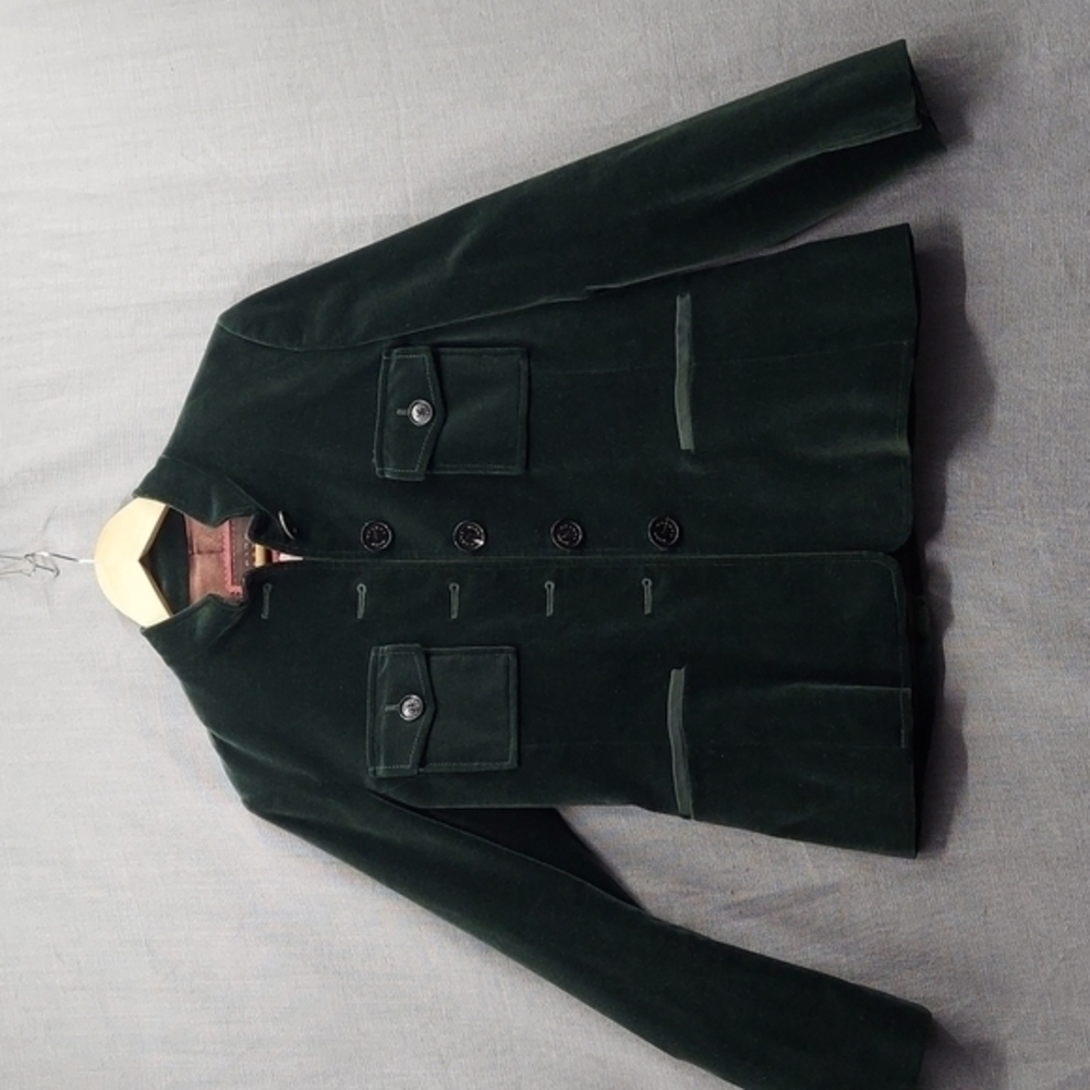 Women's Pink Tartan Velour Green Lined Button Up Blazer Jacket Coat Size 10